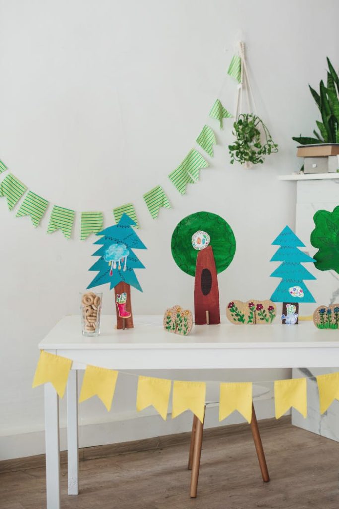 Colorful handmade decorations for a festive childrens party indoors.